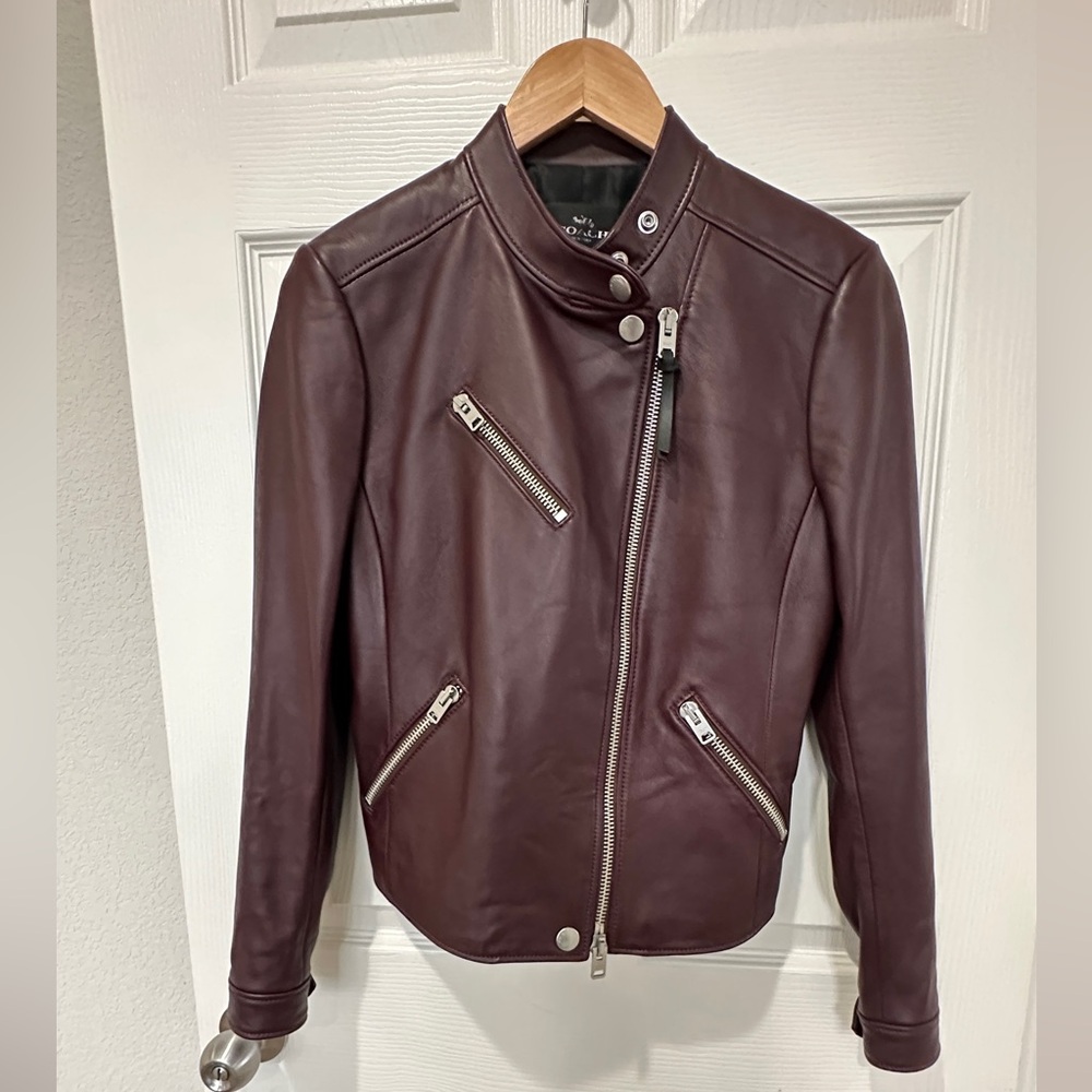 Coach Uptown Racer Leather Jacket Burgundy Oxblood Zipper Pocket Size Small